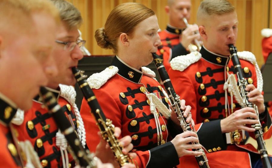 a group of clarinetists play with the United States Marine Band who previously played at the presidential inauguration ceremony on Jan. 20.