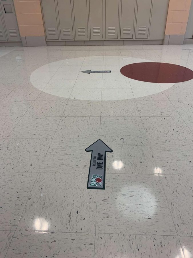 Directional arrows in the hallways to encourage social distancing.
