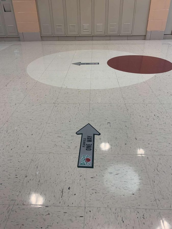 Directional arrows in the hallways to encourage social distancing.
