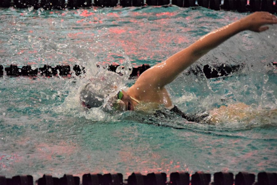 Junior Riley Pietras races in the 200 yard individula medley at the metaea valley invite on oct16th. photo by Nicole Posont

