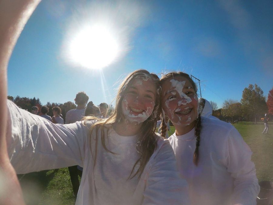 Junior+Maddie+Brimberry++and+sophomore+Lexi+Carlson+display+the+after+effects+of+the+annual+shaving+cream+war+during+the+young++life+polar+bear+weekend+in+Lake+Geneva.+Photo+credit+Maddie+Brimberry