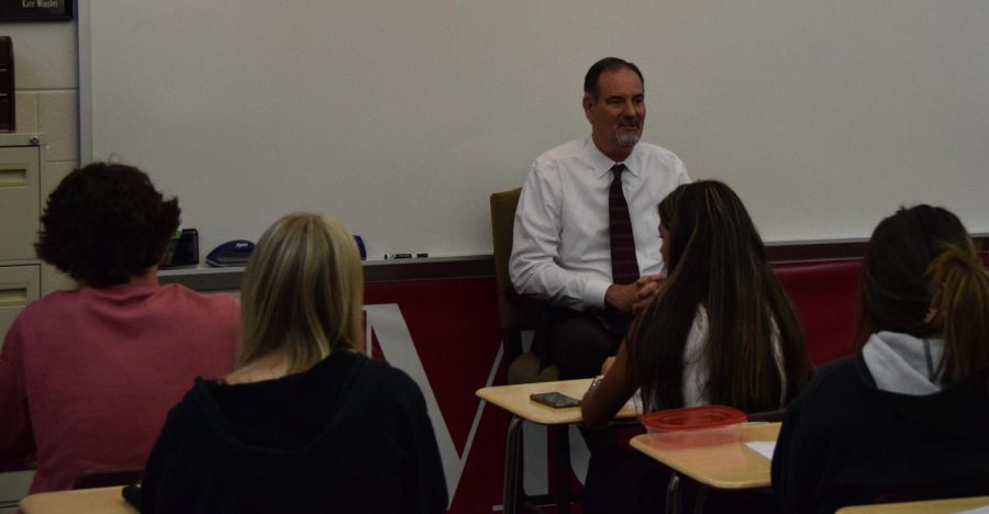 District+202+Superintendent+Dr.+Glenn+Wood+participates+in+a+question+and+answer+interview+with+North+journalism+students+on+Aug.+31.++