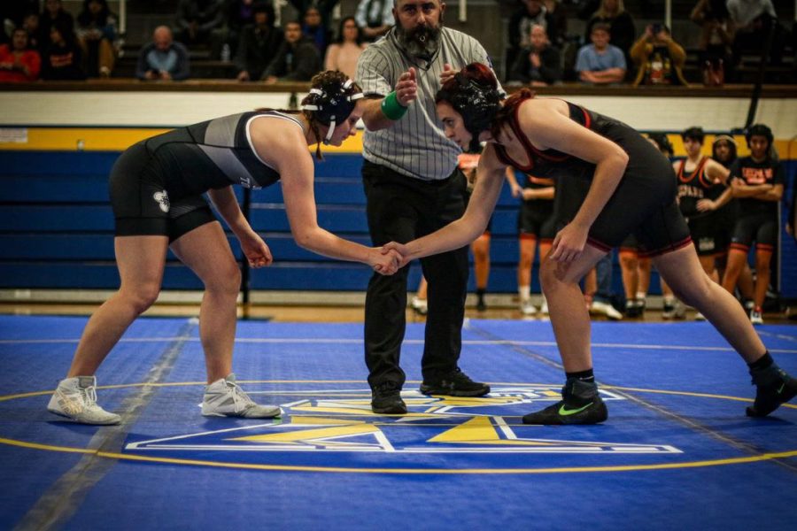 Sophomore Emily Semrau (left) shakes hands with opponent before taking the win in the 135 weight category against Joliet Central on Nov. 22.