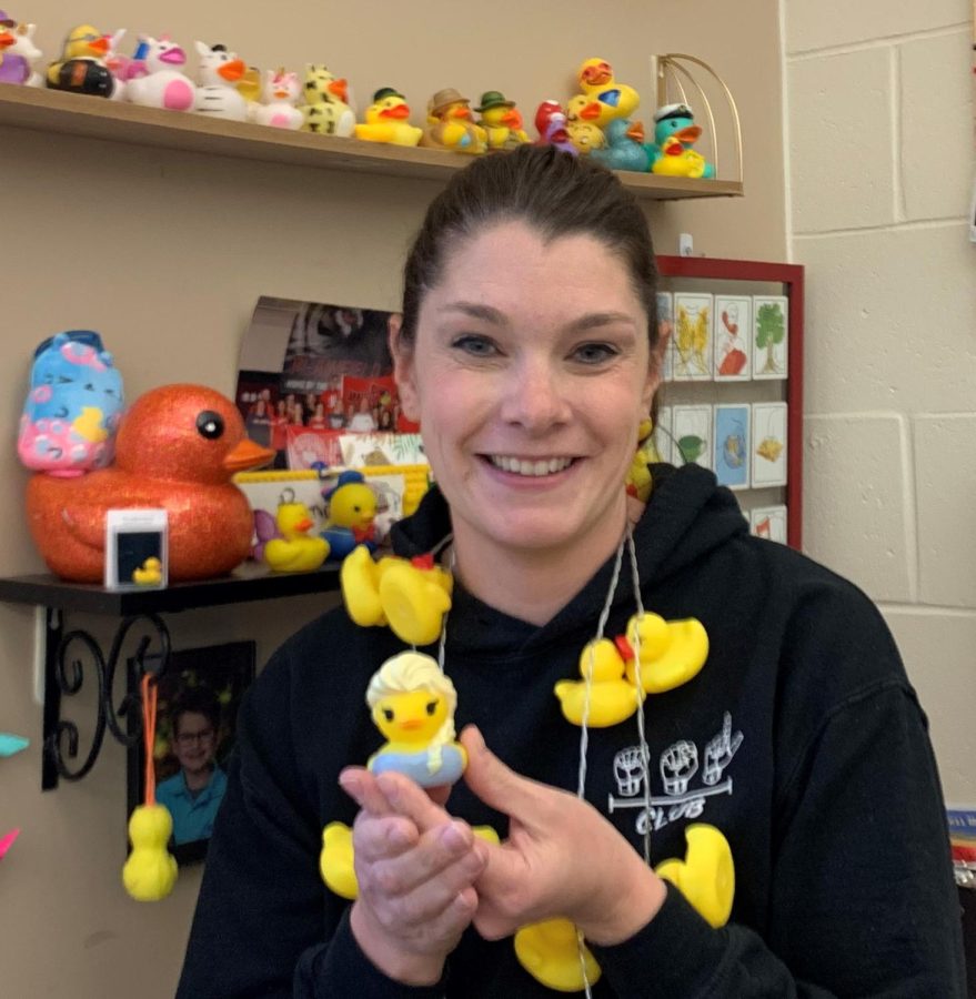 ASL+teacher+Emily+Pomrening+shows+off+her+vast+collection+of+student-gifted+rubber+ducks.