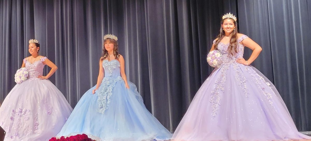 From left: sophomore Ariana Carranza and Plainfield East sophomore Amy Artega showcase their quinceanera dresses which reflect each girl's unique personality.